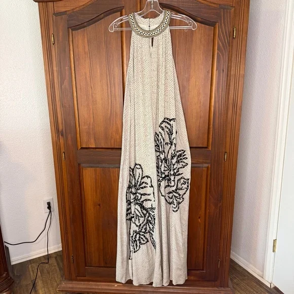 Anthropology Ranna Gill Cream Halter Maxi Dress with Black Floral Embroidery XS - Picture 3 of 12